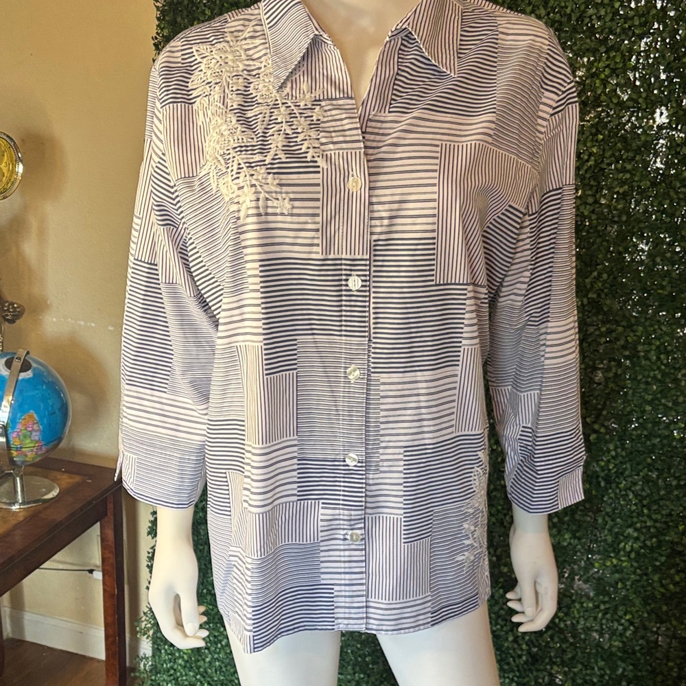 Alfred Dunner Navy and White Striped Button-Up Blouse